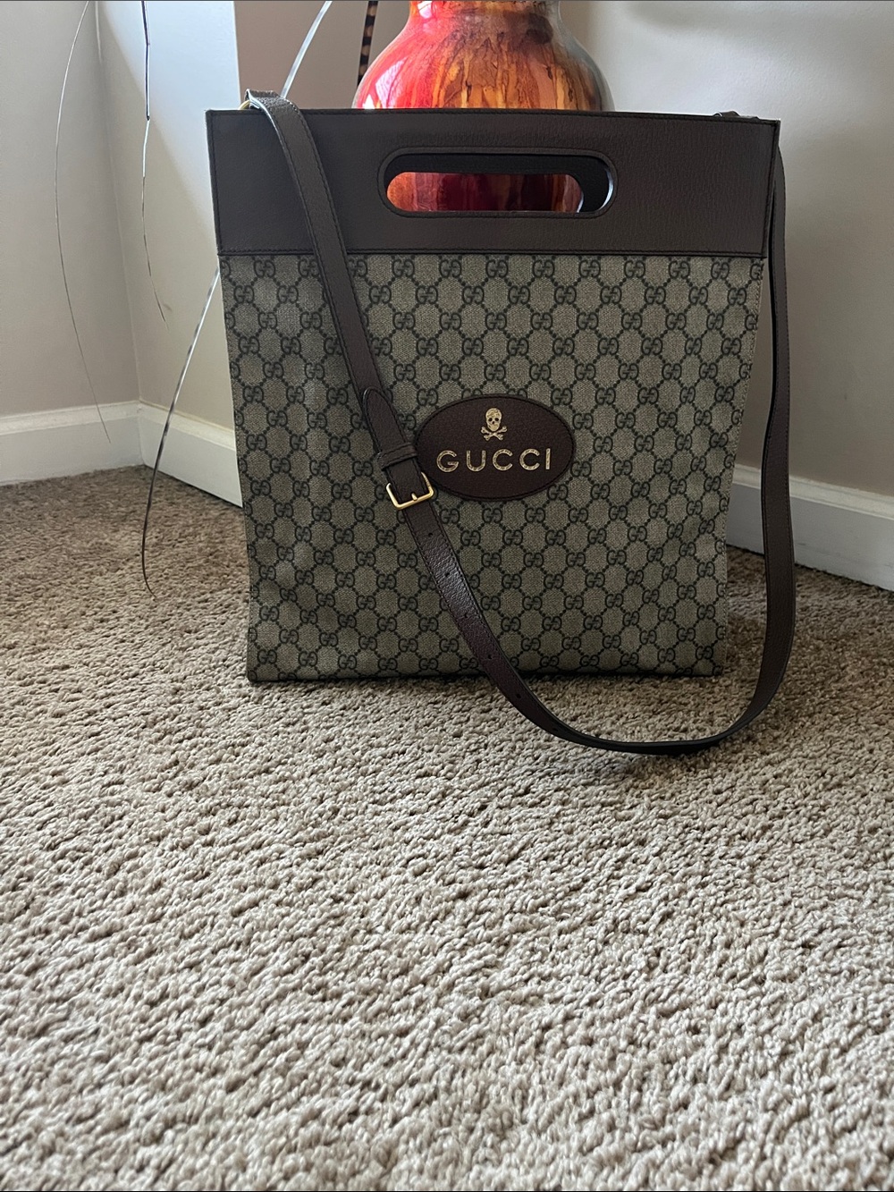 Gucci Beige GG Canvas Crossbody Tote with Brown Leather Trim